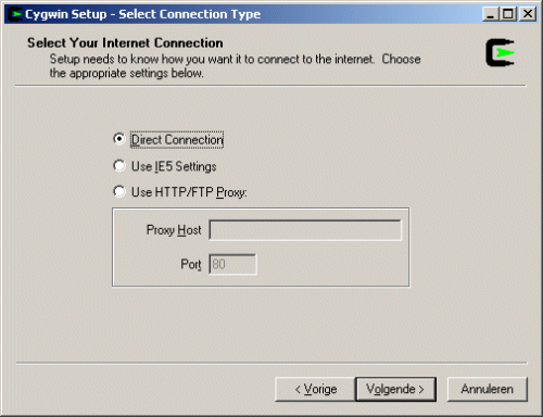 Cygwin Setup Connection Type