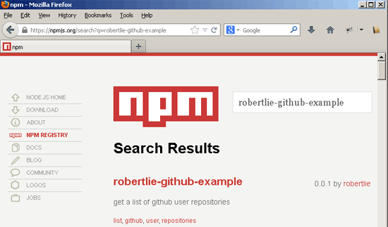 npm search for a package