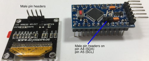 Solder male pin header on OLED display and Arduino Pro Mini