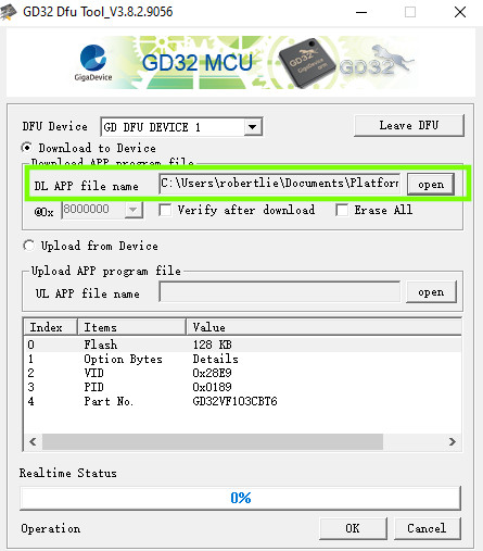 Select firmware.hex file in GD32 MCU Dfu Tool