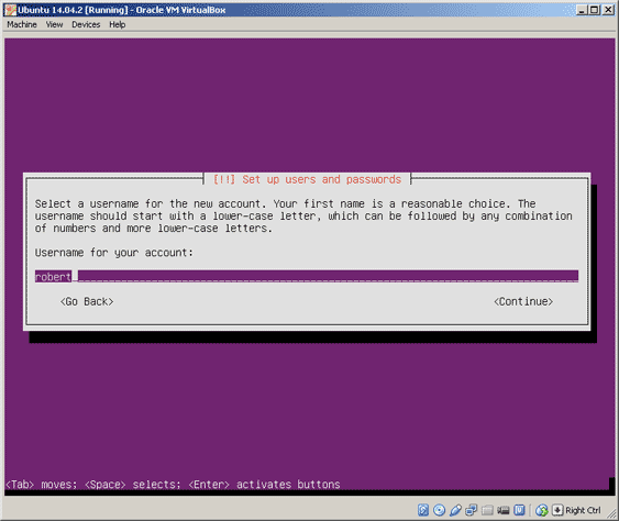Virtualbox, setup Ubuntu, enter username