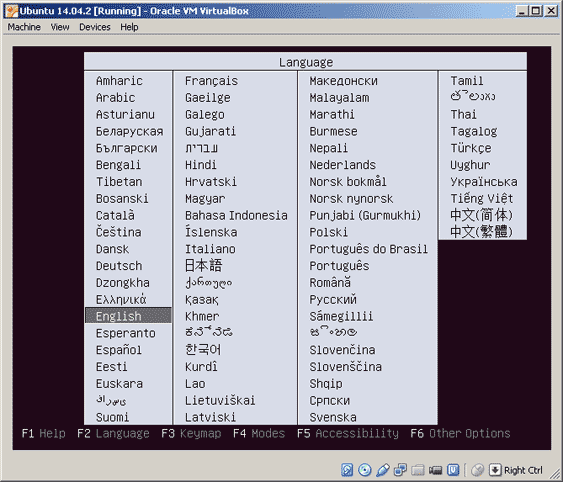 Virtualbox, setup Ubuntu, select English
