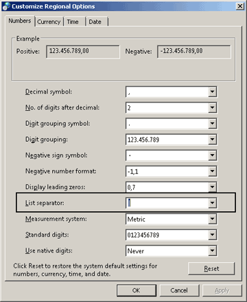 Change list separator in Windows control panel