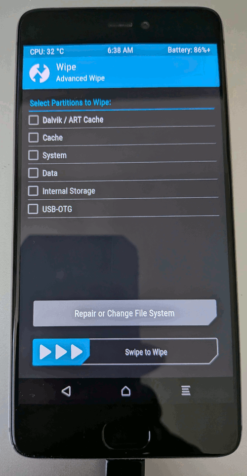 TWRP advanced wipe menu