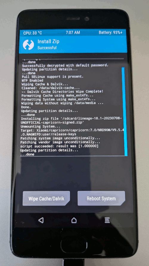 TWRP install lineageOS zip successful