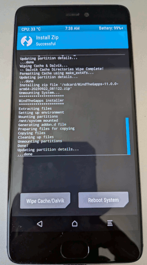 TWRP install MindTheGapps zip successful