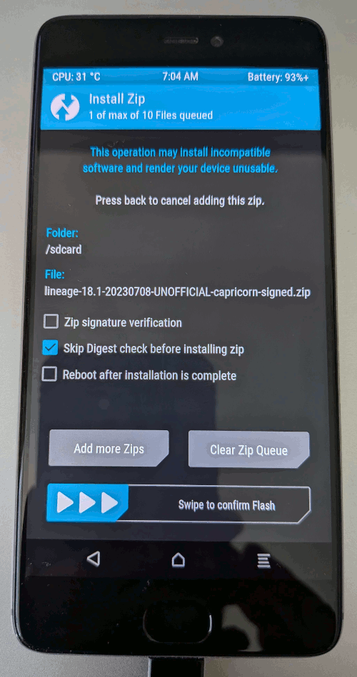 TWRP select lineageOS zip