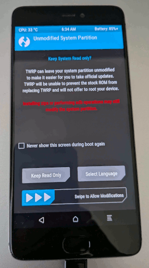 TWRP swipe to allow modifications