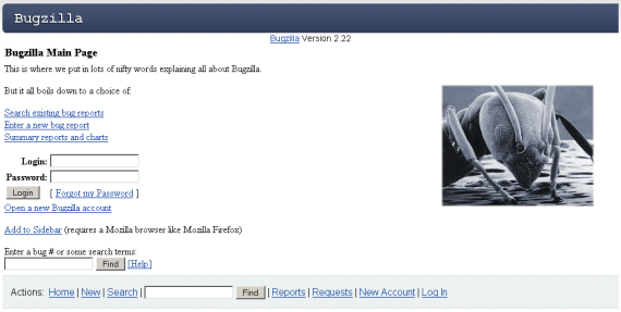 Bugzilla main page.