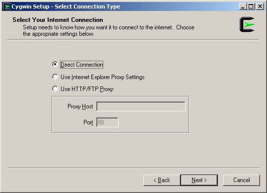 Cygwin Setup Connection Type