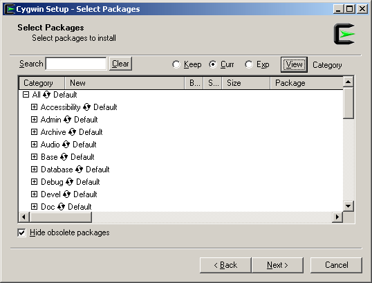Cygwin Setup Select Packages to Download