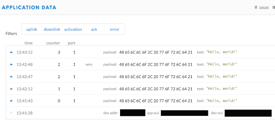 Received Hello, world! message in the TTN console