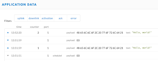 TTN console transmitted downlink message