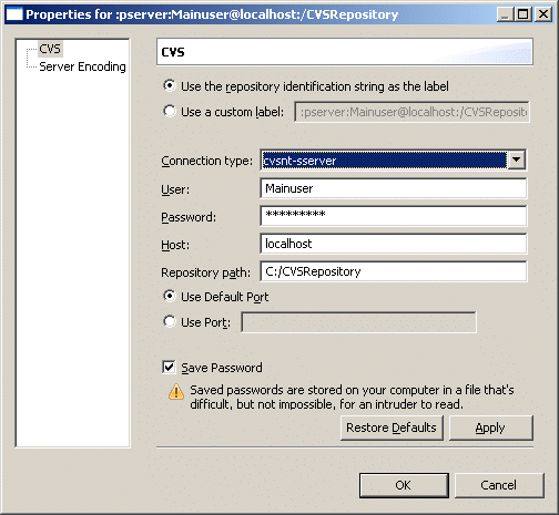 Connect Eclipse to a CVS Repository using sserver protocol