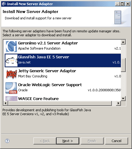 Select GlassFish Java EE 5 Server