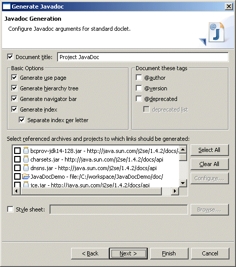 Configure Javadoc arguments.