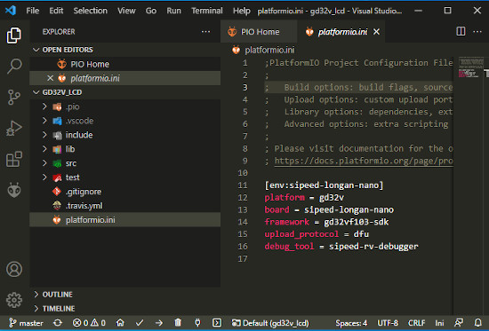 Project gd32v_lcd project opened in PlatformIO