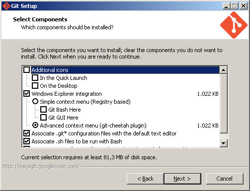 Git windows select components