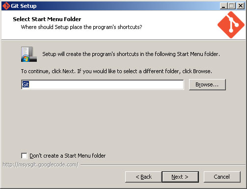 Git windows select start menu folder