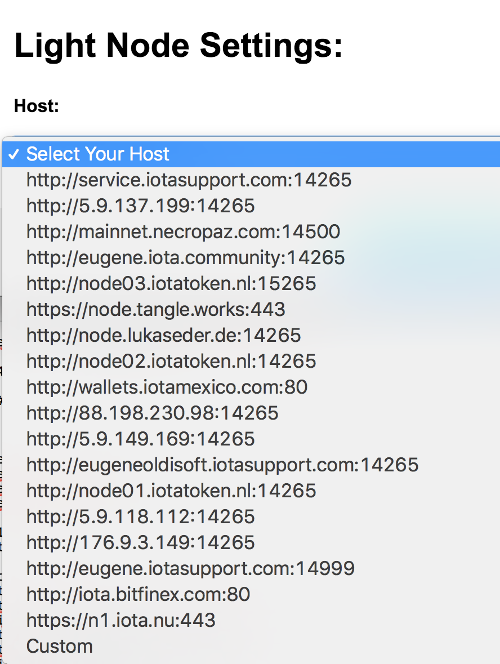 Choose IOTA Light Node settings