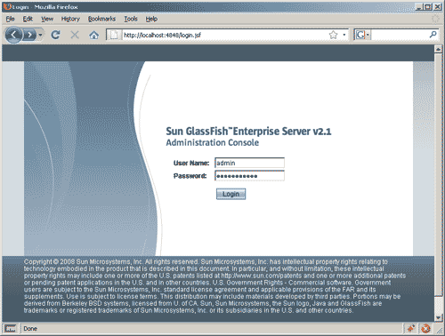 Sun GlassFish Administration Console Login