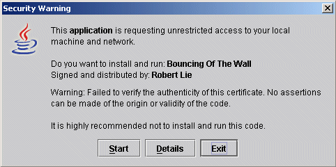 Java Web Start security warning.