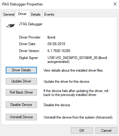 JTAG Debugger tab driver