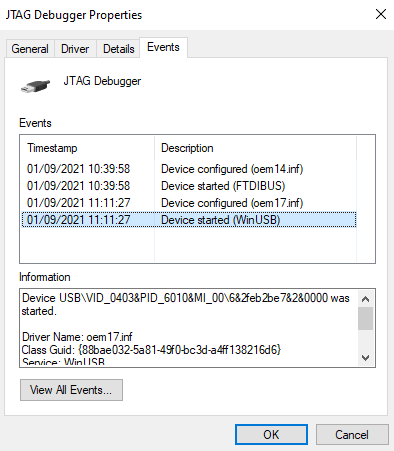 JTAG Debugger tab events