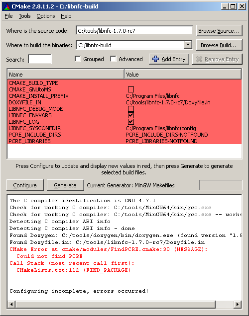 Errors shown when pressing configure button