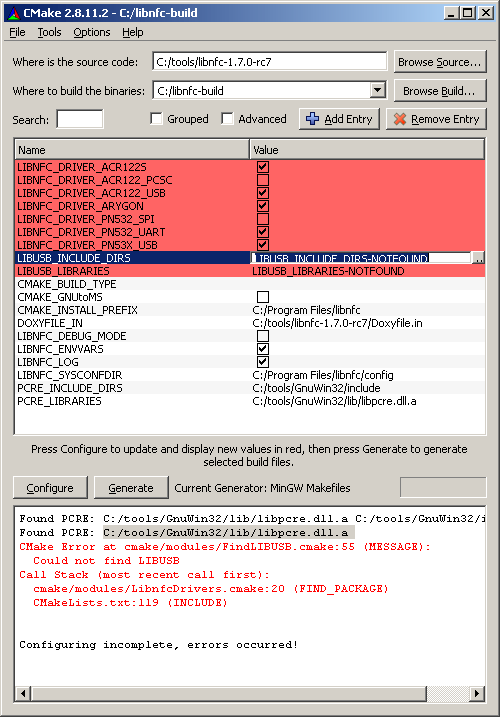 Errors shown when pressing configure button again