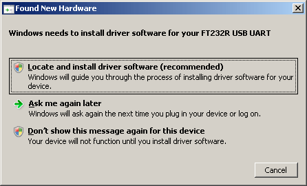 Windows needs to install driver software for your FT23R USB UART