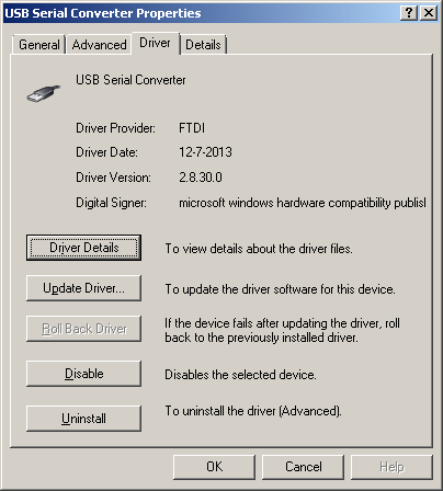 Installed FTDI driver propeties