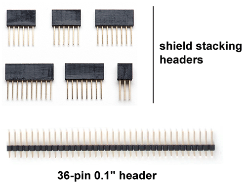 Shield stacking headers and 36 pin header