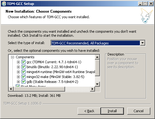 Choose TDM-GCC components to be installed