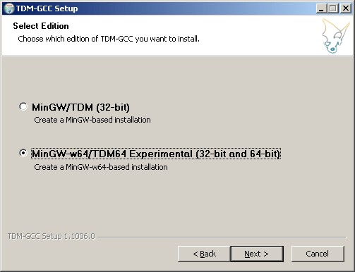 Select MinGW-w64/TDM64 Experimental( 32-bit and 64-bit) edition