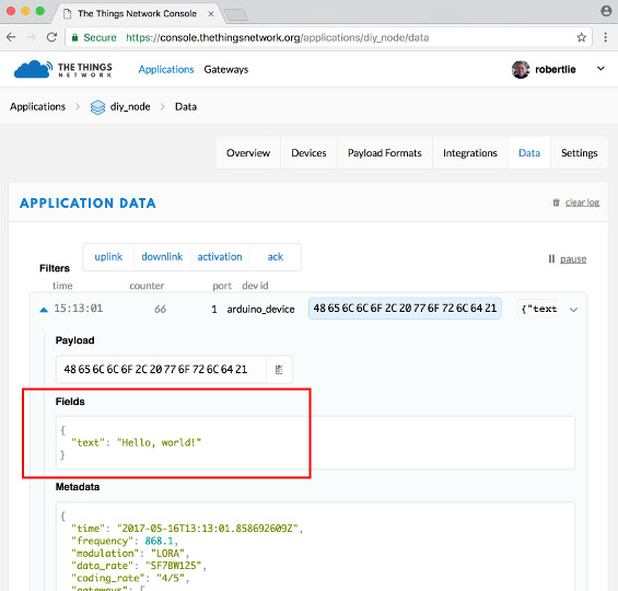 Data decoded with payload format function