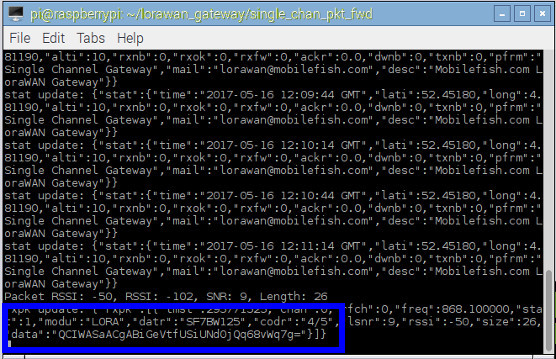 Single Channel LoRa Gateway received messages