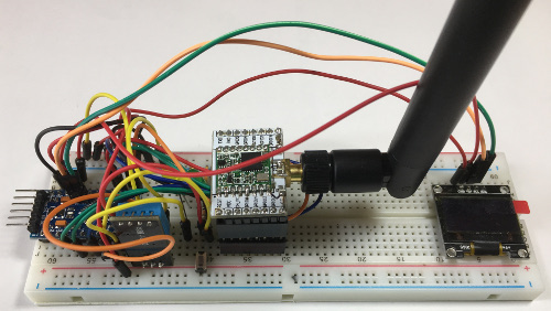 Arduino Pro Mini, LoRa module with antenna, sensors and OLED display module