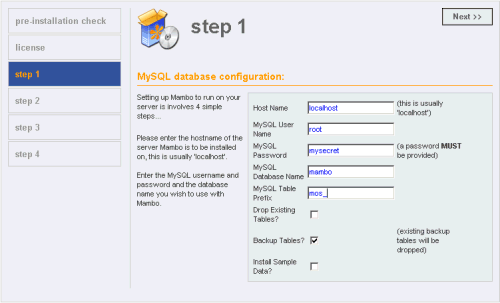 Mambo database setup.