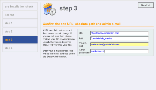 Mambo set site url, path, email.