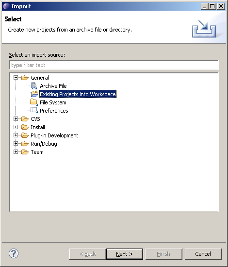 Import existing project into workspace