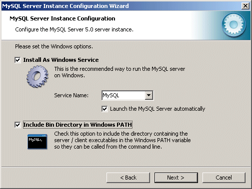 MySQL 5.0 windows options