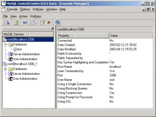 MySQL control center