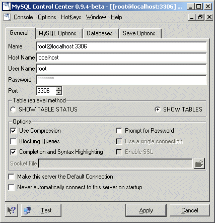 MySQL control center general tab