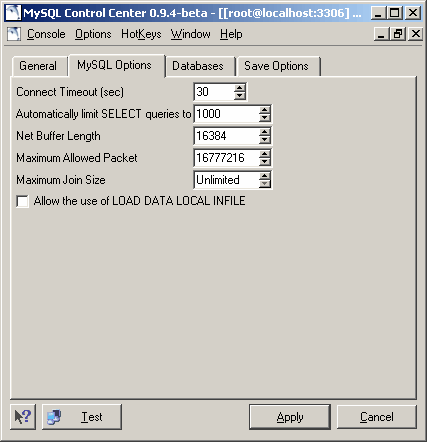 MySQL control center options tab