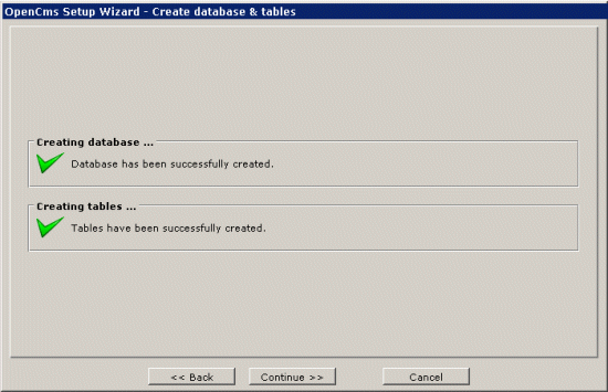 OpenCms create database and tables.