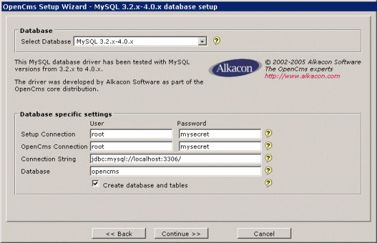 OpenCms database setup.