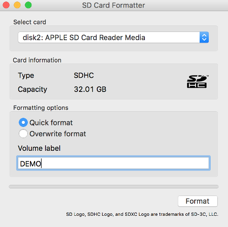 SDCard formatter screen