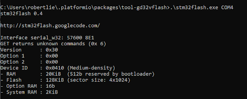 stm32flash.exe show device information