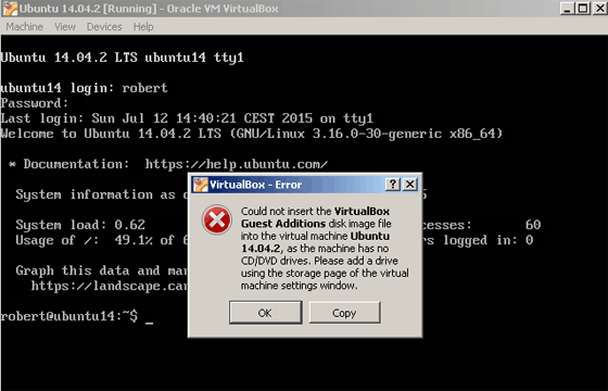 Could not insert the Virtualbox Guest Additions disk image file